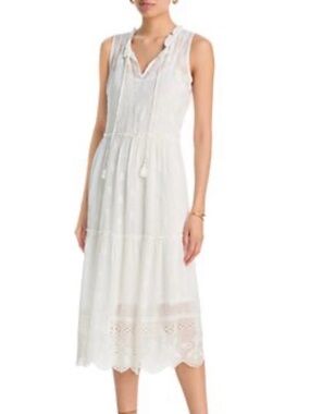 Johnny Was Jade White Cotton Sleeveless Midi Dress with Tassel Tie